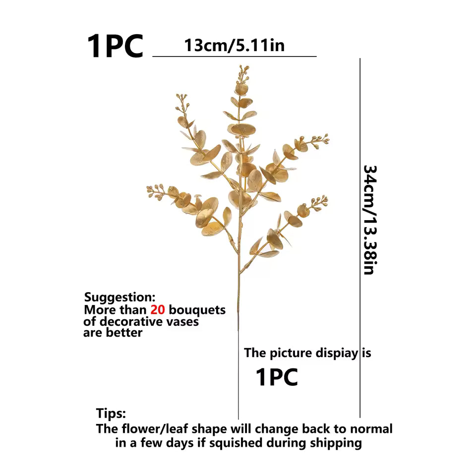 Feuilles d’eucalyptus dorées artificielles – Décoration pour la maison, table, fêtes, mariages, jardin, événements, DIY, cadeaux et scrapbooking - 100 PÇS